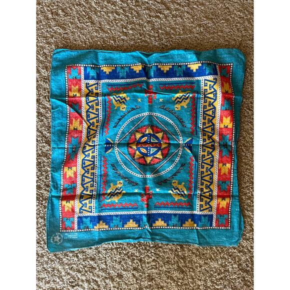 Vintage Southwest Themed Blue Red Yellow USA Made Bandana - Picture 3 of 5